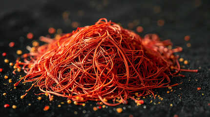 Naklejka premium A pile of dried chili threads and flakes scattered on a dark, textured surface. The vibrant red threads create a striking visual against the dark background.