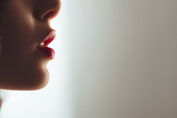Close up of female lips with red lipstick, soft skin, sensual expression, side profile, minimal background, natural light, beauty and intimacy concept