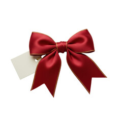 Fototapeta premium Deep red satin bow, gold metallic edge, perfect loops, small matte gift tag, isolated on transparent background, bright studio lighting, luxury product concept