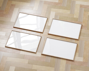 Frame mockup laying on natural parquet floor, 3d render