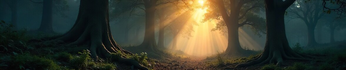 Deep, mysterious forest scene at dawn  Sunlight filters through ancient trees, creating a magical, ethereal atmosphere  Perfect for fantasy or nature projects  ,  ecosystem,  light,  pattern
