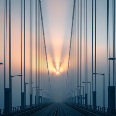 Obraz premium Illustration of suspension bridge disappearing into fog at sunrise, creating a dramatic and atmospheric scene