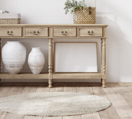 Mockup frame close up in cozy farmhouse room interior, 3d render