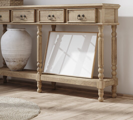 Mockup frame close up in cozy farmhouse room interior, 3d render