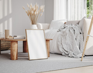 Mockup frame in interior background, white neutral room, Scandi-Boho style, 3d render