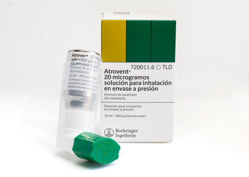 Barcelona, Spain - September 6, 2025: Spanish Atrovent inhaler and its packaging, providing relief for respiratory conditions