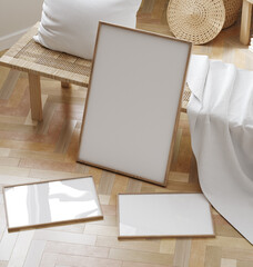 Frame mockup in elegant natural home bedroom interior, 3d render