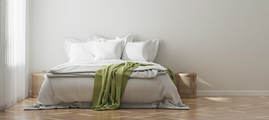 Elegant natural home bedroom interior, 3d render