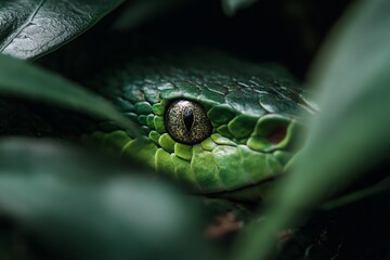 A striking close-up captures the intense gaze of a green snake, partially concealed amongst lush foliage, evoking a sense of hidden power and natural beauty. The image emphasizes texture and detail.