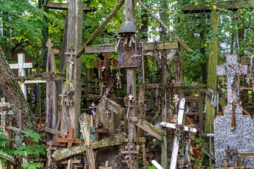 Wooden crosses left by pilgrims on the holy mountain of the Orthodox, Mount Garbarka in eastern Poland. Grabarka, Poland.