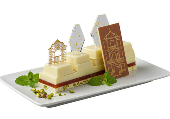 Meticulously crafted, architecturally inspired white chocolate bar, glossy inserts, sugar art balcony, on white plate with pistachios & mint, studio shot. Gourmet confectionery artistry concept