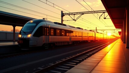 Obraz premium Modern passenger train arriving at station during golden hour sunset