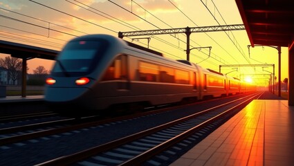 Fototapeta premium Modern passenger train arriving at station during golden hour sunset