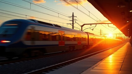Fototapeta premium Modern passenger train arriving at station during golden hour sunset