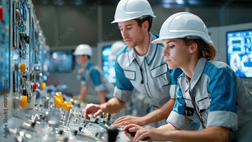 Poster team of engineers at work: the image showcases a focused team of engineers in a state-of-the-art con