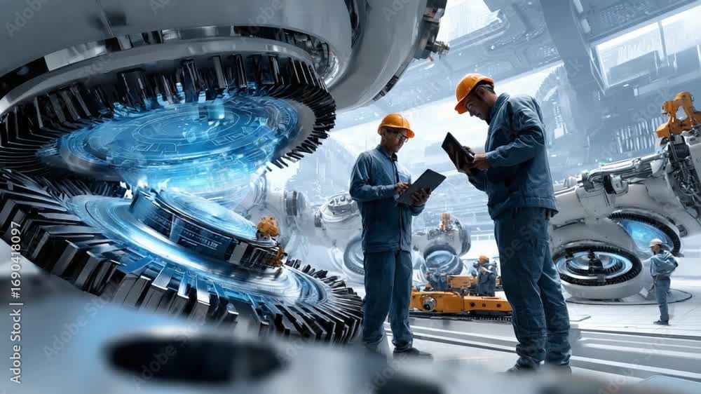 Poster engineering precision: two engineers meticulously examine intricate machinery within a state-of-the-