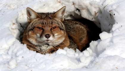 A fox curled up comfortably in a blanket of snow, embracing winter s chill in nature