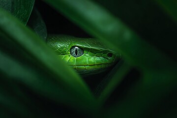 A vibrant green snake partially concealed amongst lush foliage, its focused eye creating a captivating and slightly unsettling portrait of wild nature's beauty.