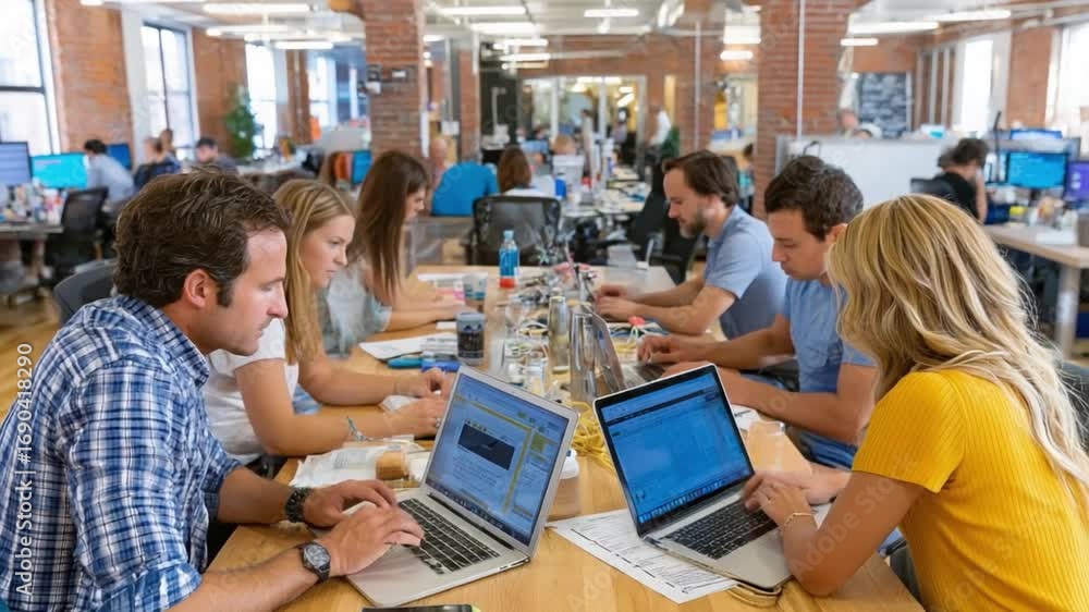 Poster dynamic workspace: collaborative work environment, showcasing a group of people, immersed in a vibra