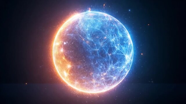 Blue and Orange Particle Sphere with Energetic Dynamic Glow