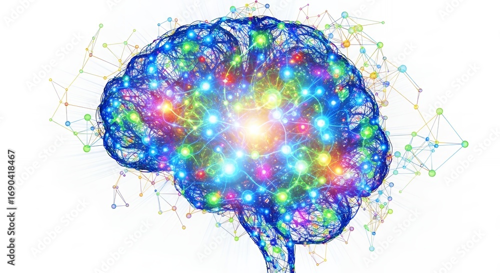 Poster stylized digital illustration of a human brain with glowing nodes and interconnected network. concep