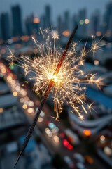 Sparkler glowing with bright golden sparks against blurred evening city skyline and colorful street lights