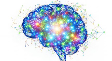 Stylized digital illustration of a human brain with glowing nodes and interconnected network. Concept for artificial intelligence, neuroscience, and technological advancement