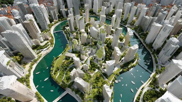 Cityscape Harmony: An idealized modern city seamlessly blends towering architecture with winding waterways, offering a glimpse of urban tranquility and architectural synergy.