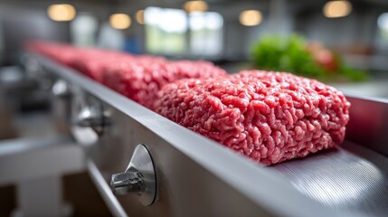 Production of freshly ground meat in a food processing facility during working hours for packaged distribution