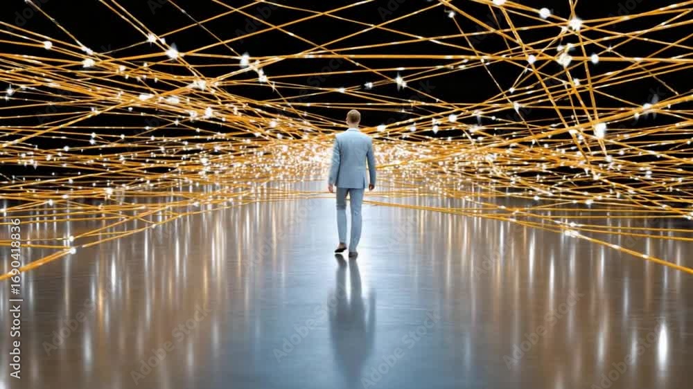 Poster journey through the digital world: a lone figure in a suit ventures through an intricate network of 