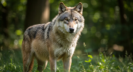 Graceful Gray Wolf Stands In Sunlit Forest Exuding Quiet Power
