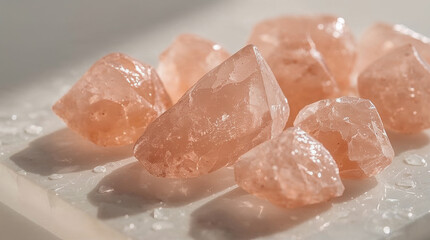 Fototapeta premium Closeup of raw pink Himalayan salt crystals scattered on a wet marble surface, bathed in soft, diffused light, creating a serene and natural aesthetic.