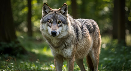 Naklejka premium Gray Wolf In Sunlit Forest Clearing With Alert Gaze And Thick Fur