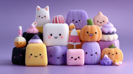 Cute pastel colored marshmallow characters with smiling faces are arranged on purple background, creating playful and whimsical scene