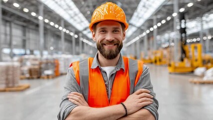 Warehouse Worker's Portrait: A confident, smiling warehouse worker, dressed in protective gear, stands proudly amidst the industrial backdrop, embodying professionalism and work ethic.