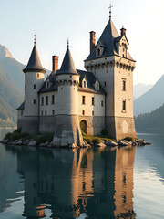 Fototapeta premium majestic castle stands proudly water edge weathered stone façade glowing warmly soft golden sunlight