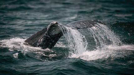 Obraz premium Majestic Whale Splashing Water with Fluke in Ocean Under Dramatic Lighting