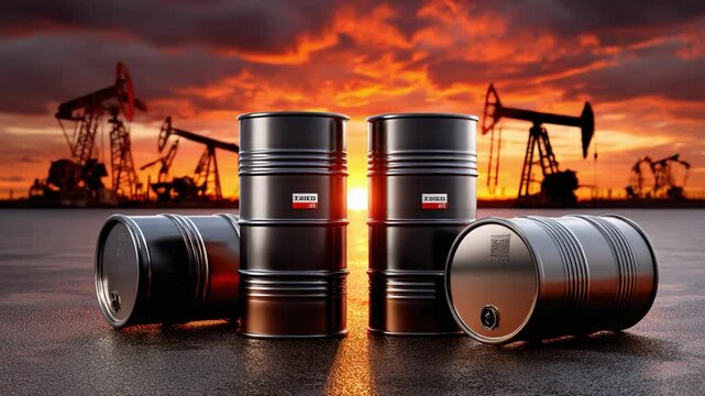Oil Barrels Under Sunset: Metallic oil barrels sit prominently beneath an expansive sky, illuminated by the warm, fiery hues of sunset, with silhouettes of oil pumps in the distance