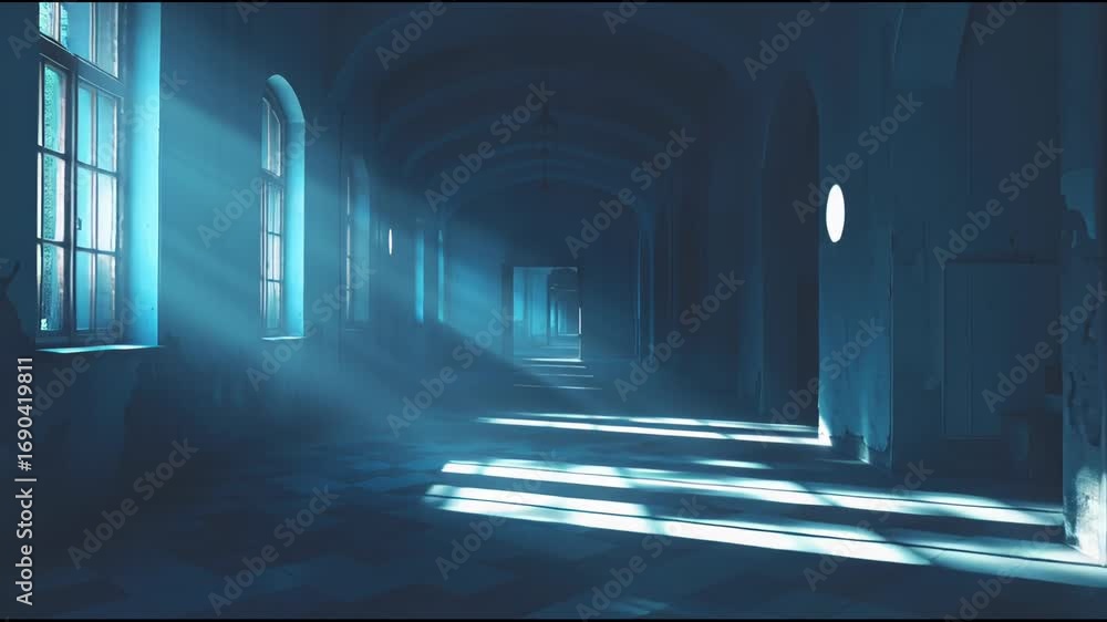 Poster mysterious dimly lit corridor with shadows and beams of light in abandoned building