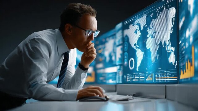 Data Analyst in Focus: A focused data analyst intently observes complex global datasets on large interactive displays, embodying the fusion of technology and analytical prowess.