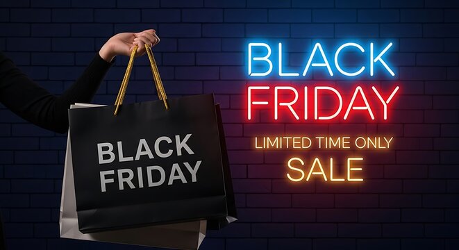 Black friday sale neon sign person holding shopping bag huge discount event marketing