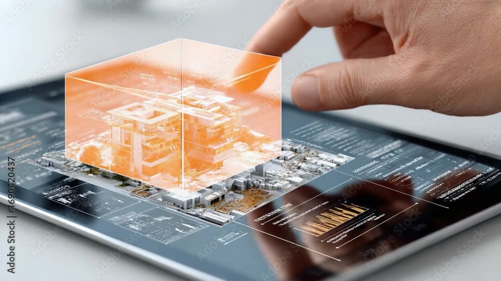 Aufkleber digital blueprint: a finger interacts with an augmented reality model of a building on a sleek digit