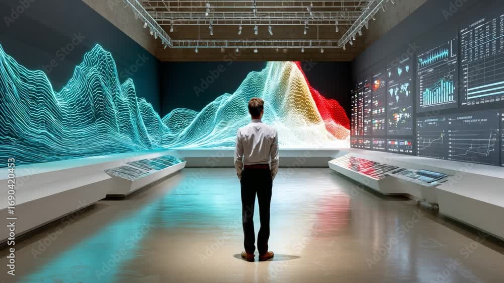 Poster interactive exhibition: a solitary figure stands within an immersive gallery setting, captivated by 