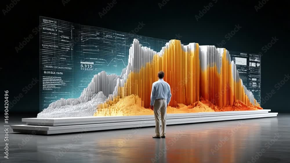 Poster data visionary: a lone figure stands before a colossal, data-driven landscape, gazing upon a three-d