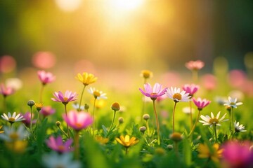Soft sunlight bathes a field of wildflowers, their vibrant colors radiating a sense of gentle, joyful beauty  Perfect for themes of serenity, contentment, and spring  , cheerful, pleasant, delightful