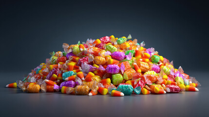 Colorful pile of assorted candies, including candy corn and wrapped sweets, creates vibrant and festive display
