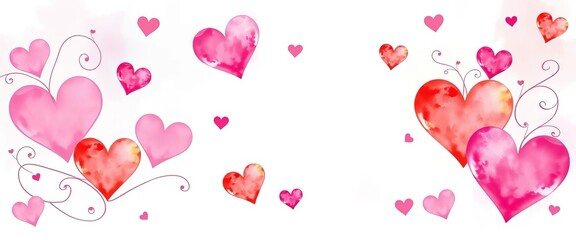 Watercolor hearts in pastel hues, whimsical flourishes, romantic Valentine's Day design,  backdrop,  printable