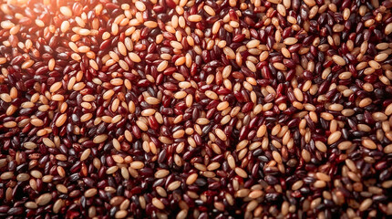Close-up macro shot of dark red and light brown rice grains scattered across the frame, with a warm light source illuminating the top left corner.