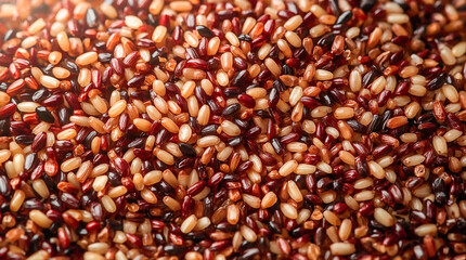 Close-up overhead view of a pile of mixed uncooked rice grains, showcasing a blend of red, brown, and white varieties.
