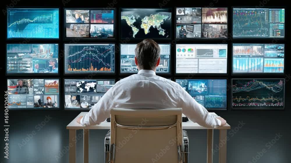 Poster data analysis in progress: a focused individual intently observes a wall of data displays, surrounde